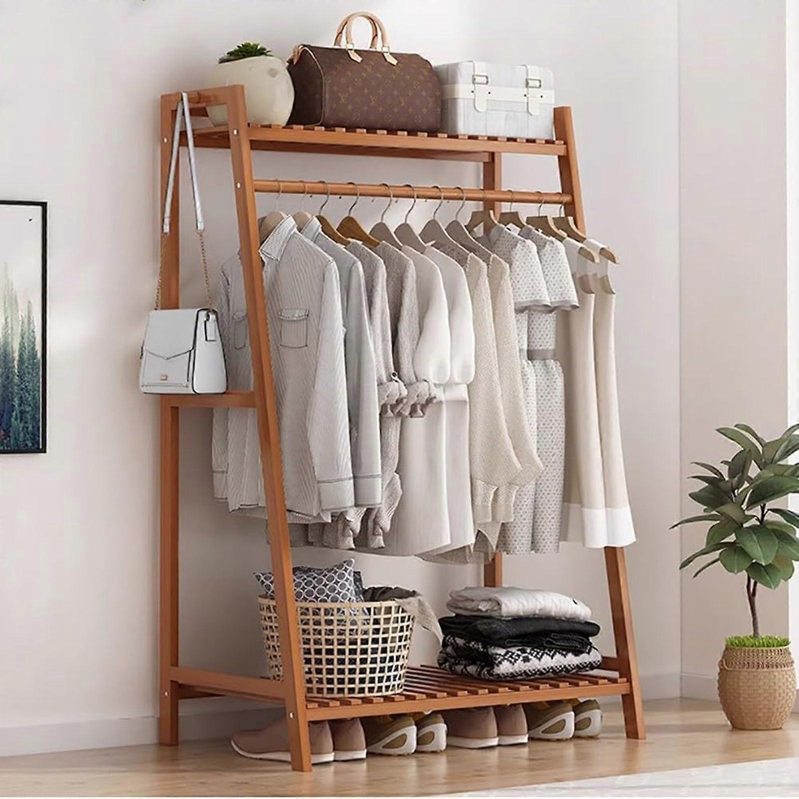 Bamboo Clothes Rack with FourinOne Storage, 80kg Load, DualLevel Shoe Shelf and Hooks