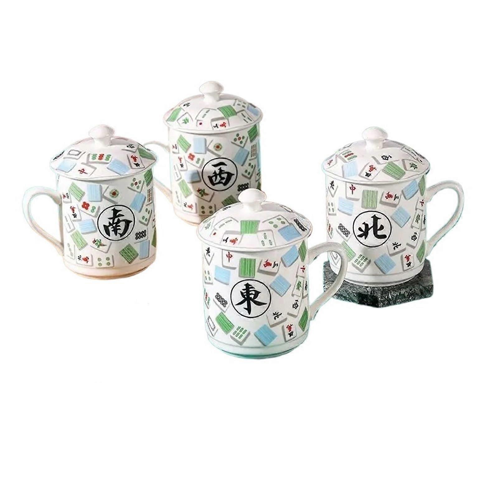 Chinese Mahjong Coffee Mug Set with Mahjong Pattern Design, Quality Ceramic Tea Cups, 4 Pack