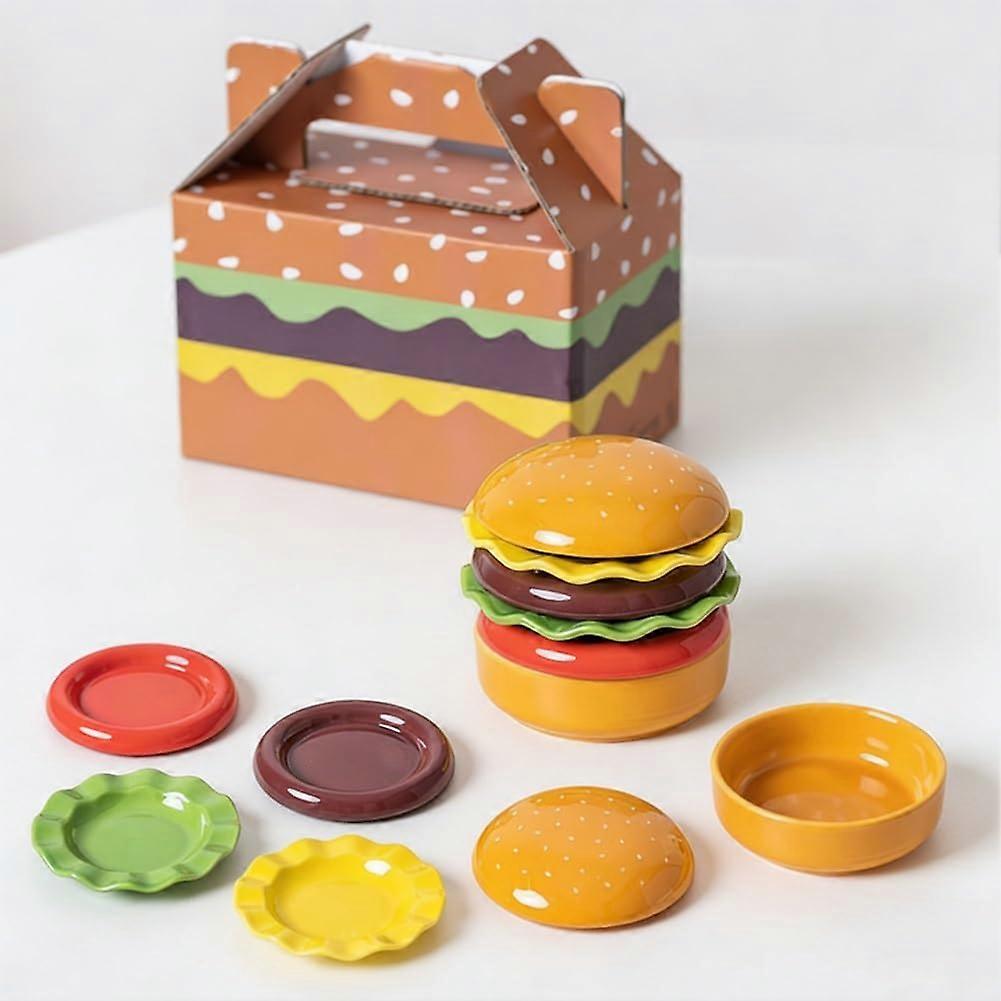 Ceramic Dinnerware Set 6pcs Hamburger Style Cute Plates and Bowls Microwave Safe Stackable