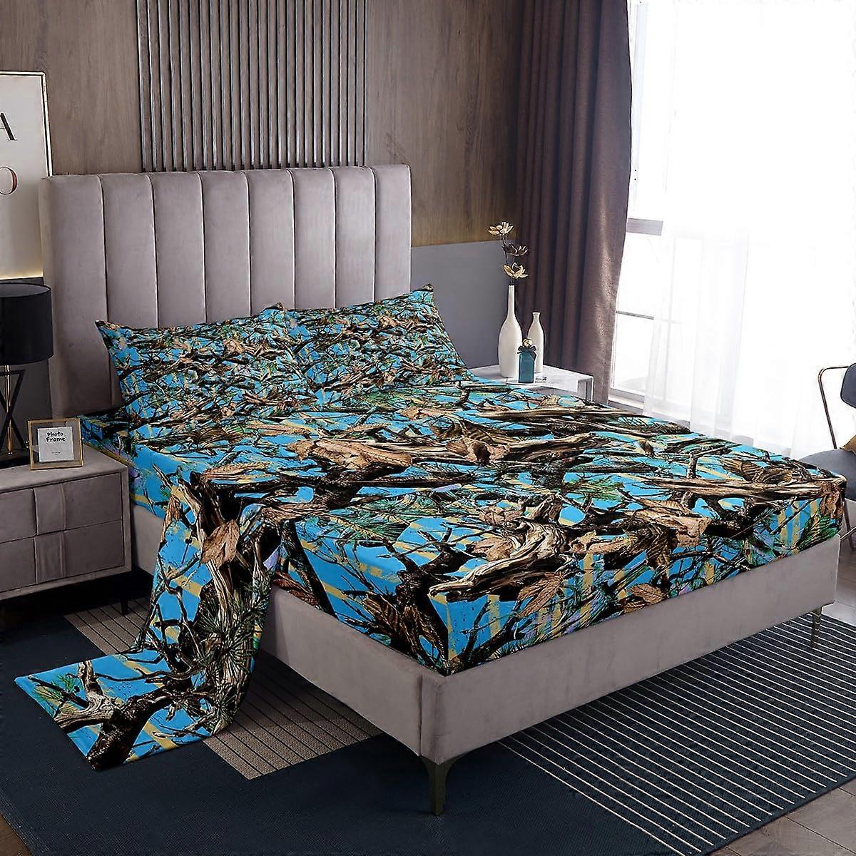 Kids Bed Sheets Twin Set 3D Botanical Tree Print Blue Brown Deep Pocket Breathable Microfiber