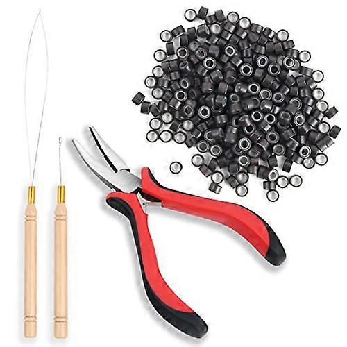 Microlink Hair Extensions Kit with Pliers, Threader and 200 Silicone Beads Dark Brown