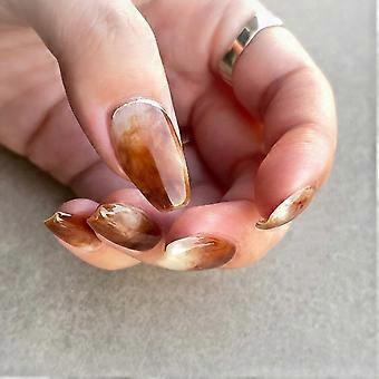 Korte bruine marmeren plaknagels met gouden glitter – Herfst/Thanksgiving nepnagelset