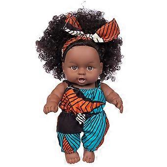 Cute Black Dolls 8 Inch Vinyl Body Black Curly Haired Doll Toys African American Adorable Playing Time Companion Gift for Blue