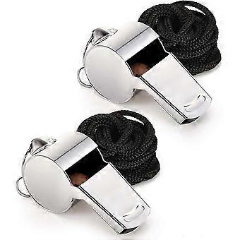 Stainless Steel Super Loud Survival Whistles 2 Pcs with Black Rope for Sports