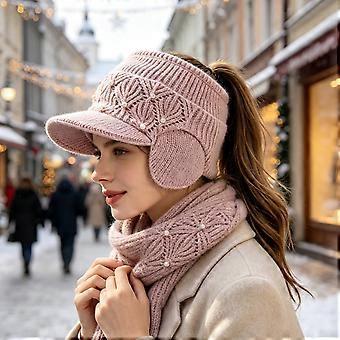 Warm Knitted Peaked Cap for Running, Winter Ponytail Hat with Ear Flaps