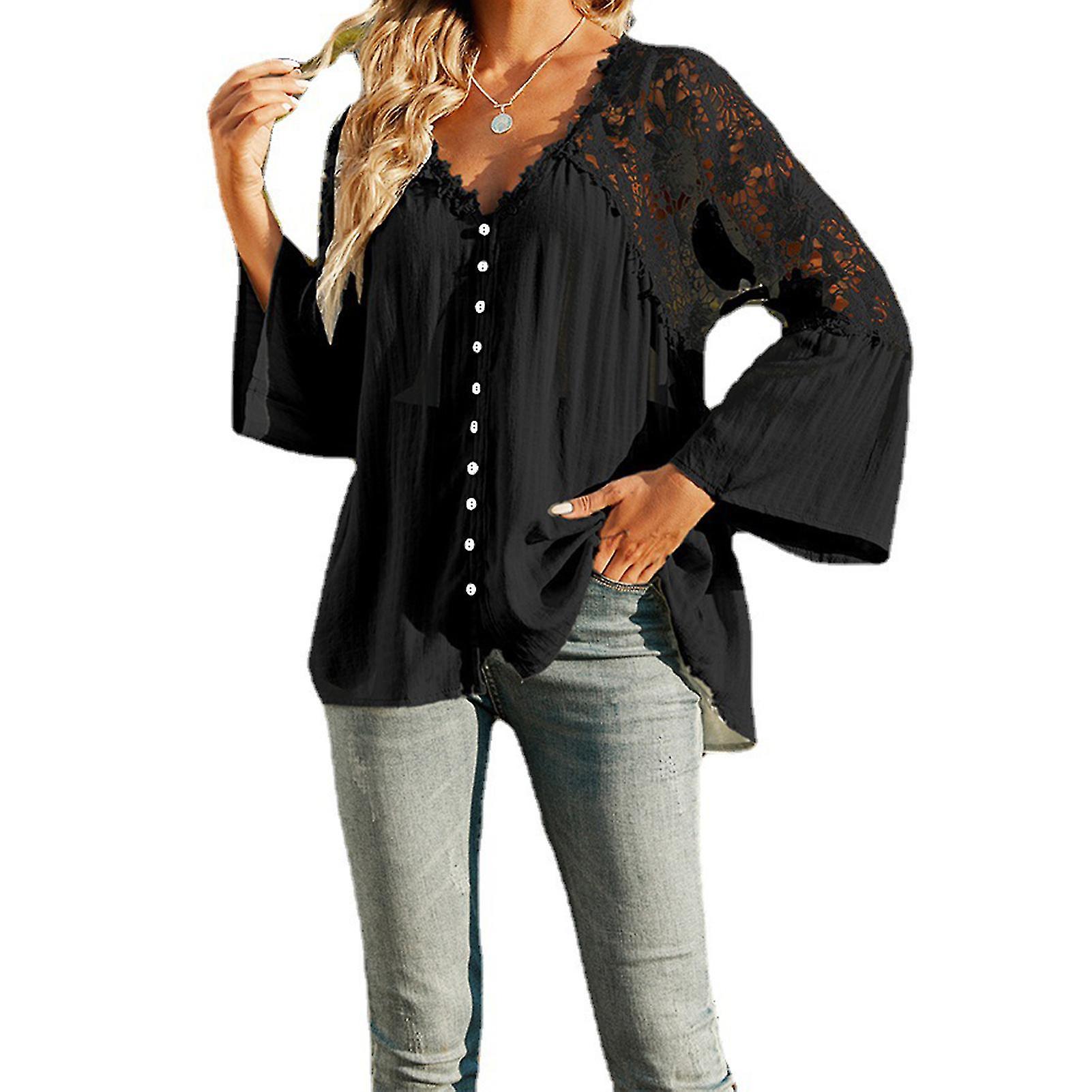 Damen Spitze Häkeltops V-Ausschnitt Button-Down-Hemden