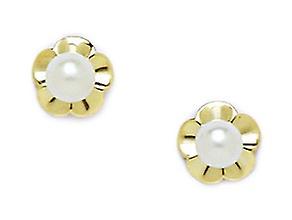 Or jaune 14 carats blanc 4x4mm perle de culture d’eau douce fleur vis dos boucles d’oreilles 7x7mm boucle d’oreille pour femme
