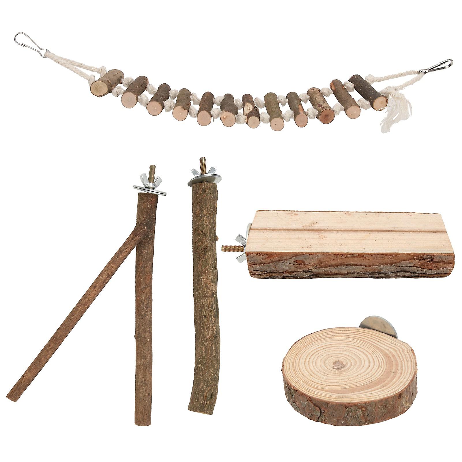 5pcs Wooden Bird Perch Set with Swing for Parakeets, Cockatiels, and Small Birds - Durable Natural Material, Ideal for Cages