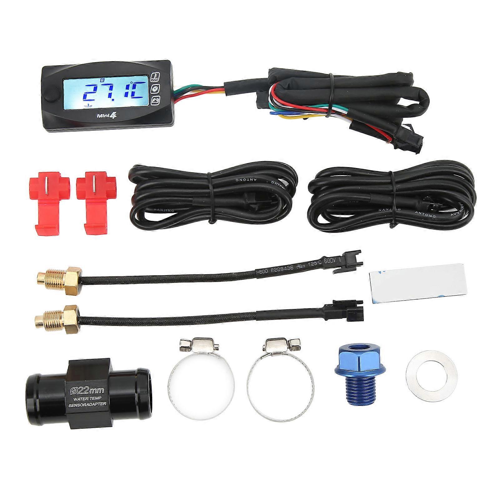 4 in 1 Water Oil Temperature Time Voltage Gauge LCD Digital Display DC12V Universal for Motorcycle M14x1.5 E2U713