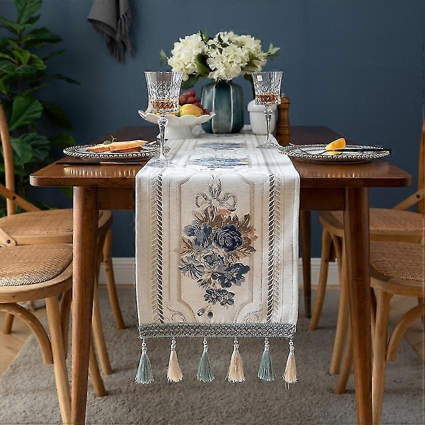 rectangle embroidery flower dustproof tassel desktop runner cover table