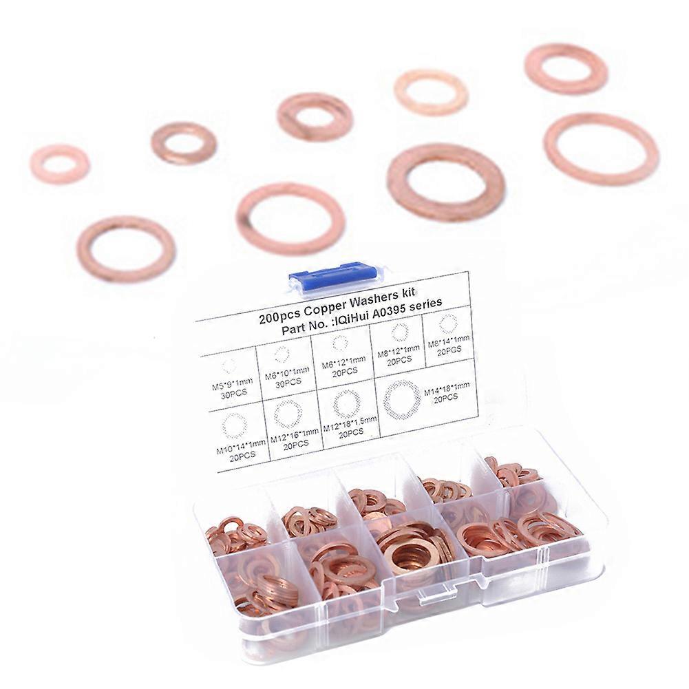 9 Sizes Solid Copper Crush Washers Assorted Seal Flat Ring Hardware kit 200pcs