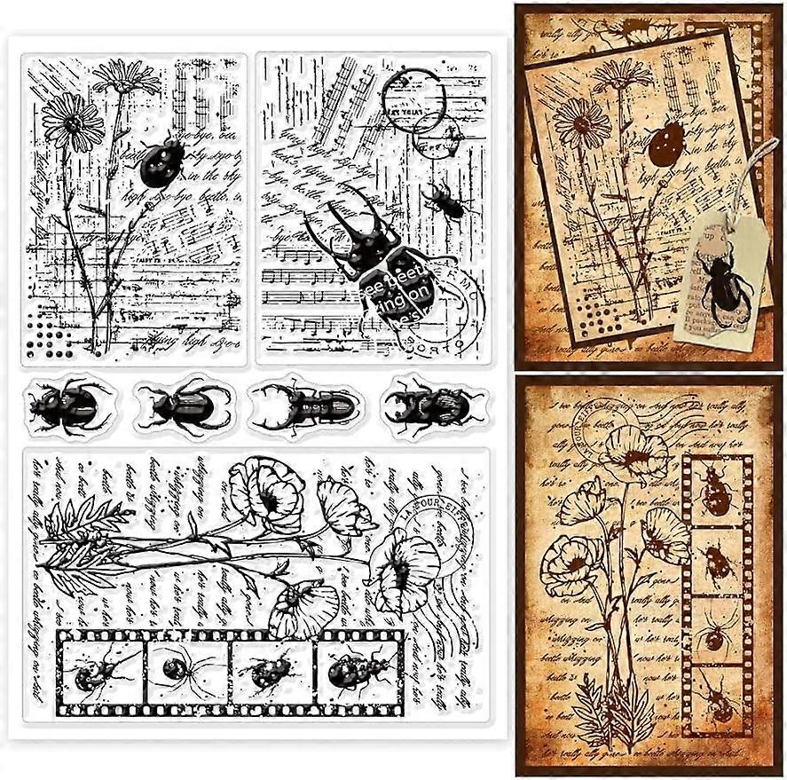 1Sheet Vintage Insect Floral Background Silicone Clear Stamp