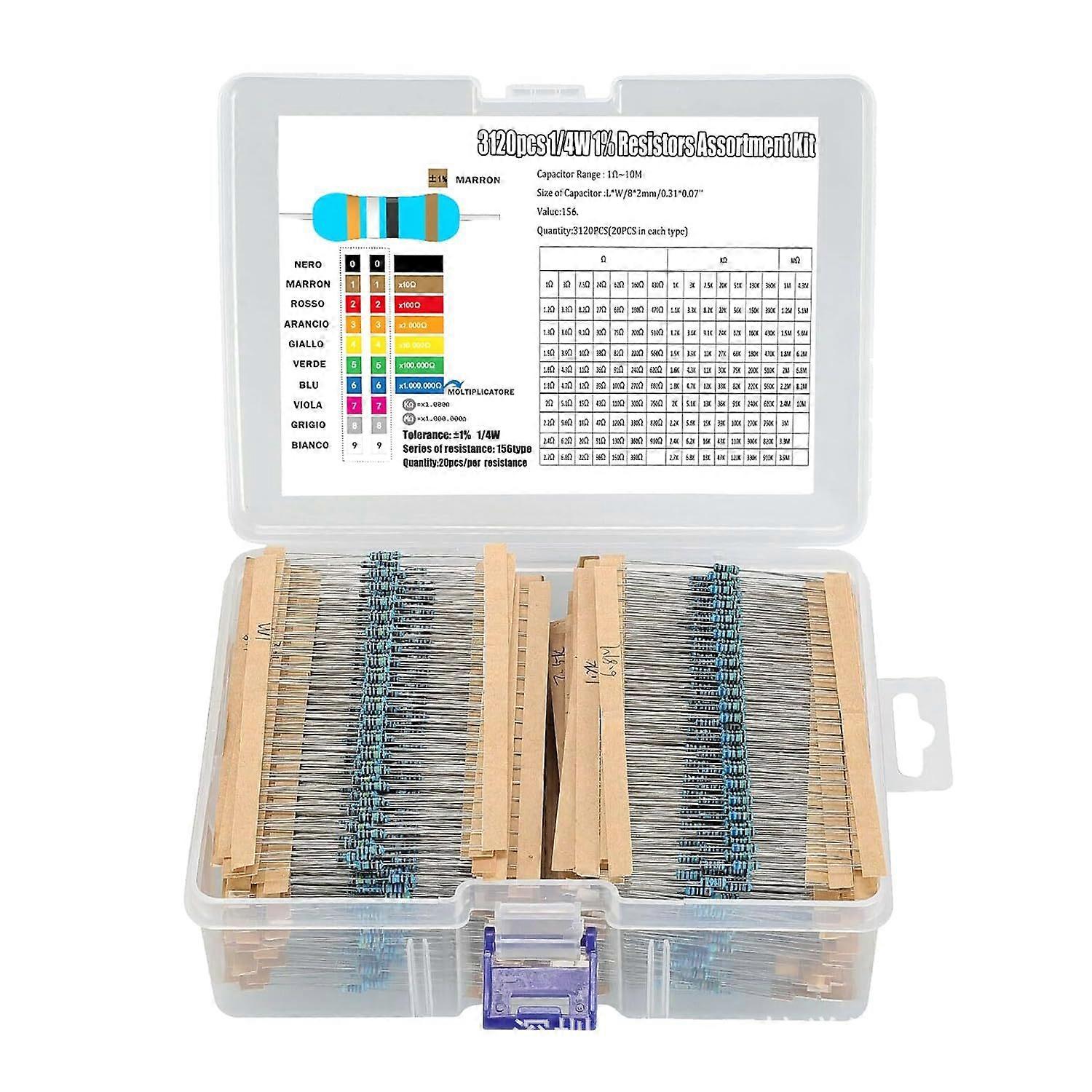 3120PCS 1/4W Metal Film Resistor Assortment LED Resistor Kit Resistor Assortment Kit 156 specifications, 20 pieces each, 1 Euro -10M 1% 0.25W