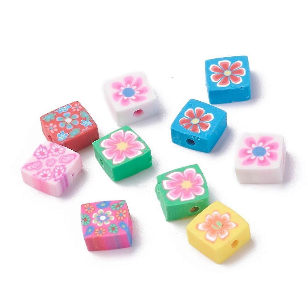 50pc Handmade Polymer Clay Beads Square with Flower Pattren Mixed Color 10x10x4.5mm Hole: 2mm