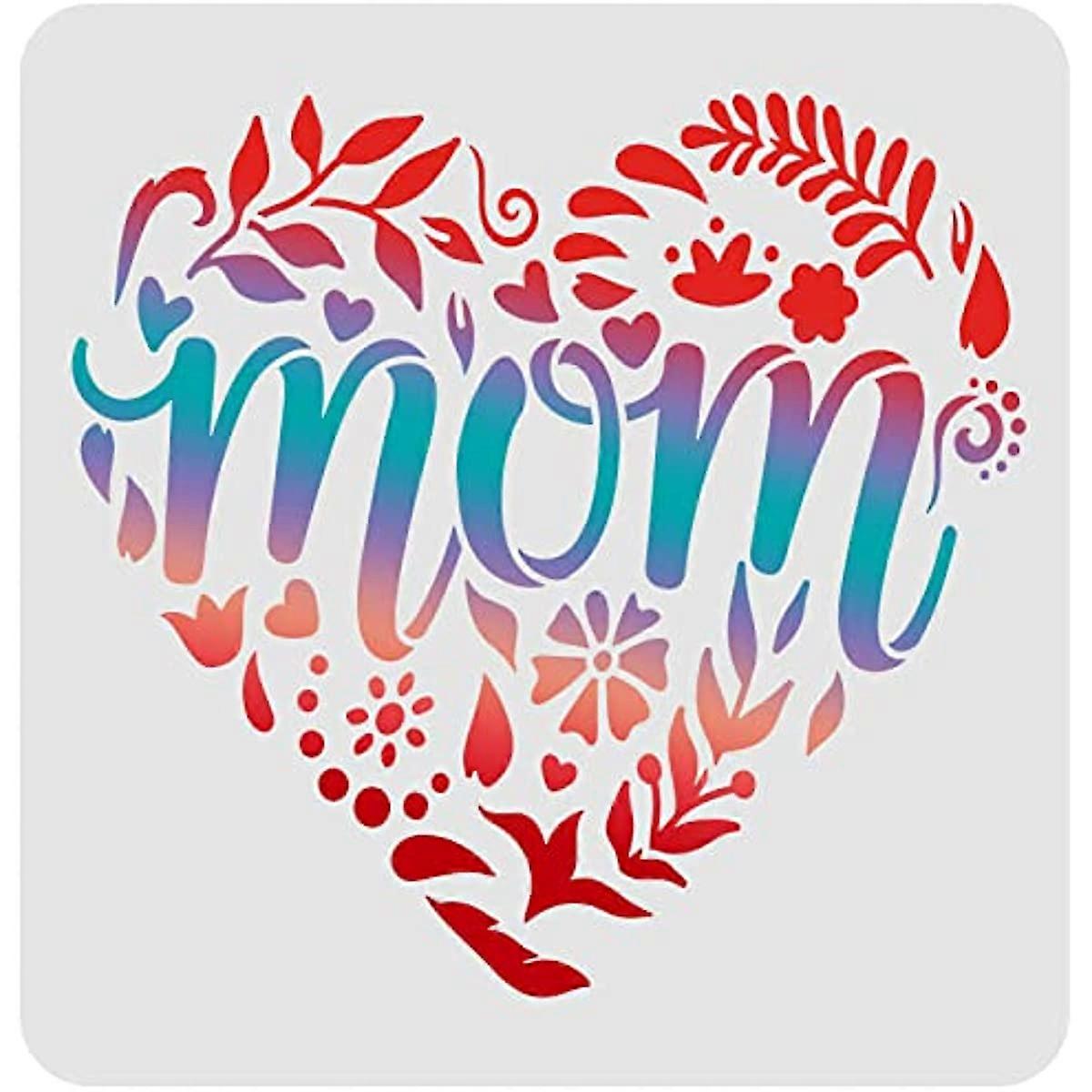 Mother's Day Heart Pattern Drawing Painting Stencils Templates Heart Pattern with Word: Mom Stencils Decoration Stencils for Painting on Wood Floor Wa