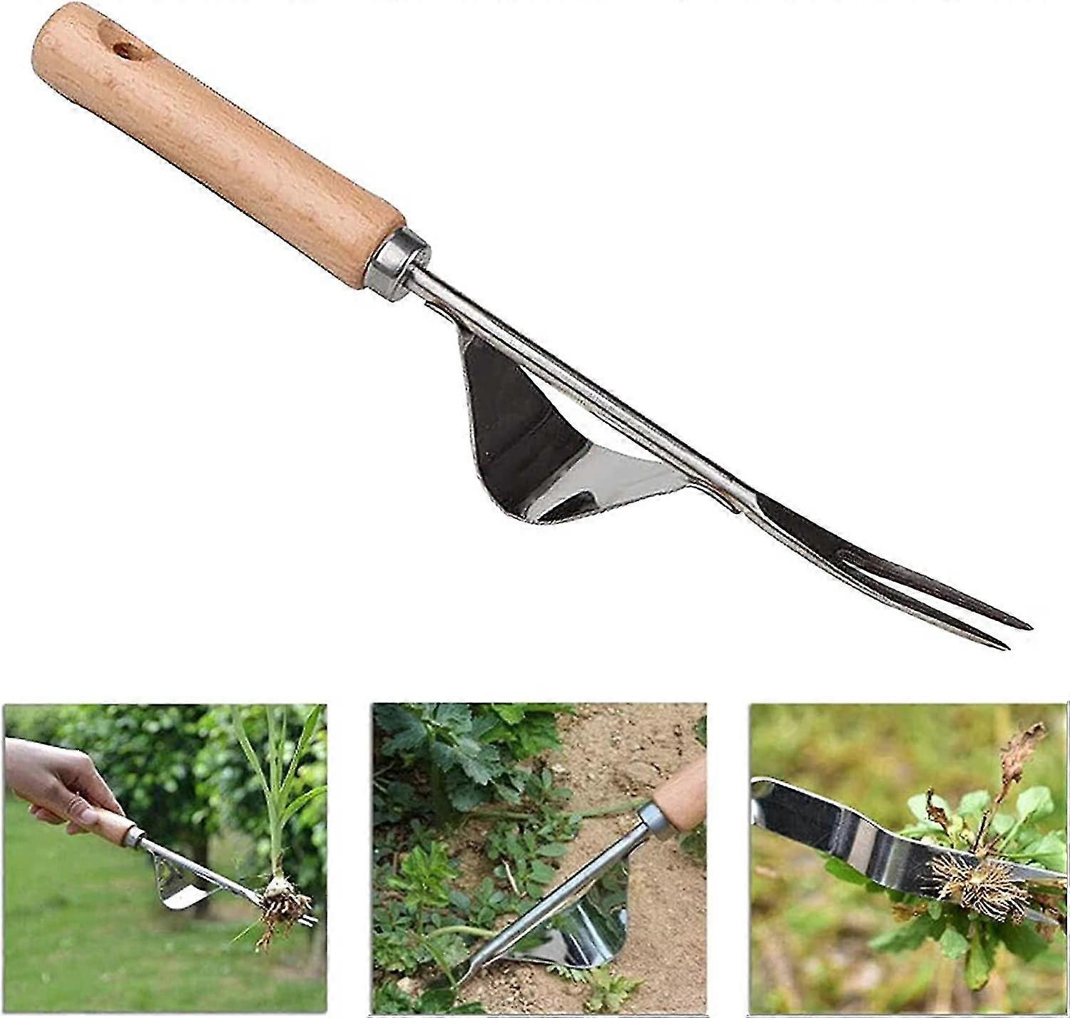Stainless Steel Hand Weeder Root Weed Fork Wood Handle Weed Control Tool Y-shaped Weed Extracto