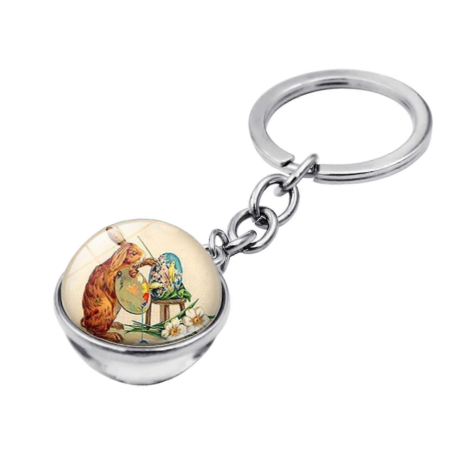 1pc Easter Bunny Time Gemstone Double-sided Glass Ball Keychain Key Ring