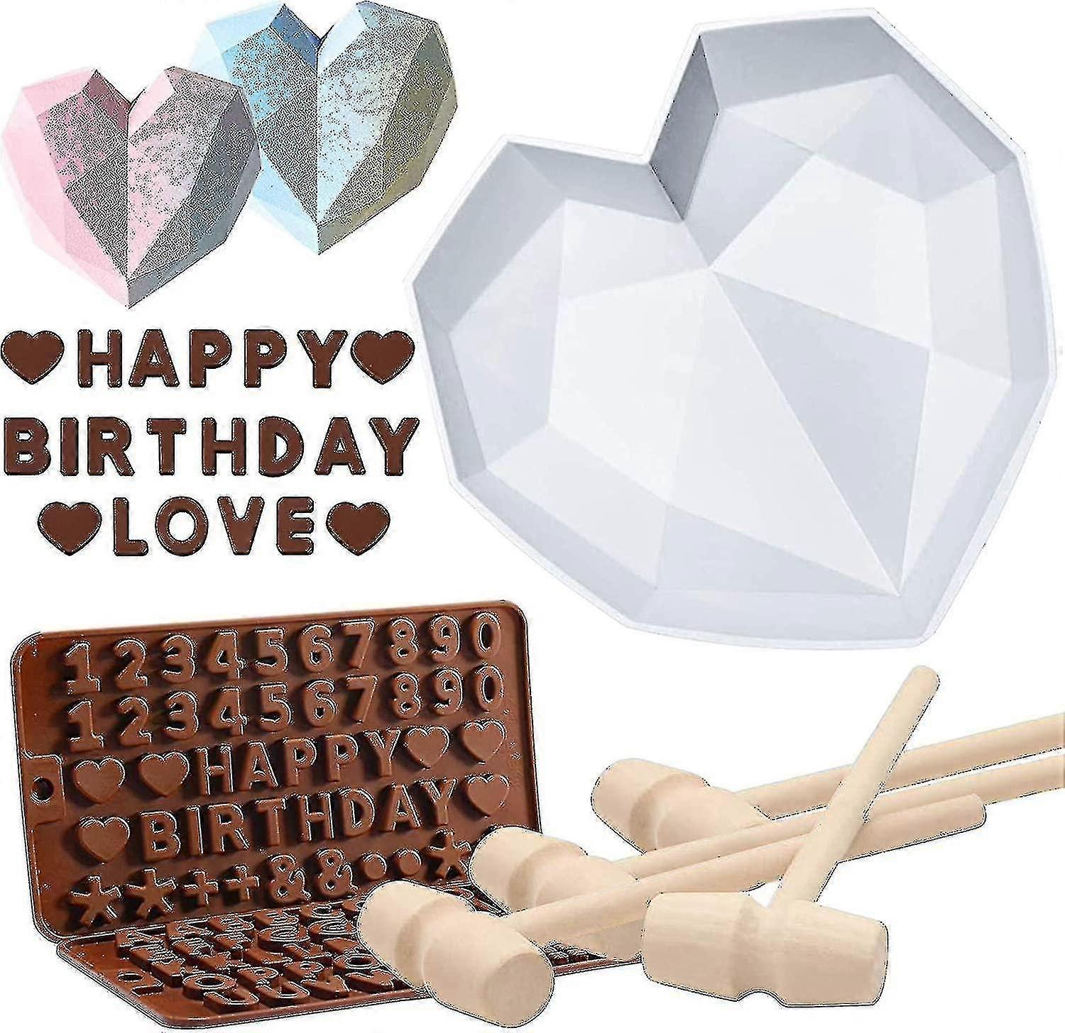 Moldes de coração para chocolate 8,7 polegadas grande molde de bolo de silicone, 2 pc silicone letra molde e 4 pc hamm