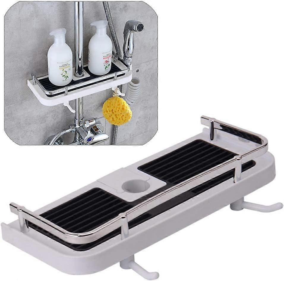 Bathroom Drilling Holders Shower Pole Shelf Height Adjustable Shower Pole Shelf Caddy Shelf Rack Organizer with Rail Bathroom Rack Adjustable Height S