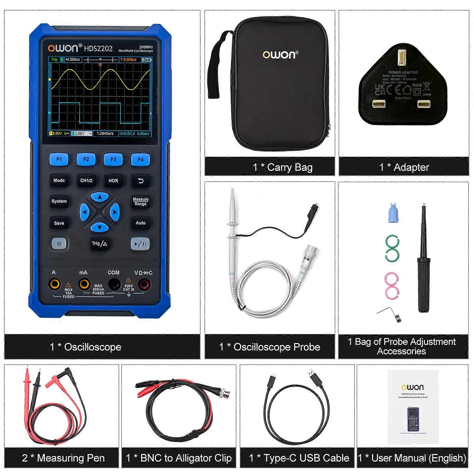 HDS2202 Handheld Digital Oscilloscope Multimeter 200MHz 1GSa/s Dual Channels Oscilloscope True RMS 20000 Counts Multi Tester