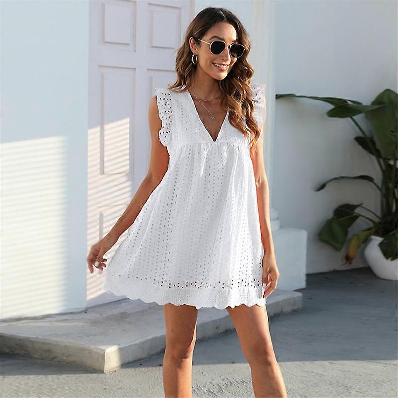 Womens Summer Short Dress V Neck Short Sleeve A Line Hollow Out Lace Ruffle  Cute Casual Beach Party Dresses | Fruugo UK