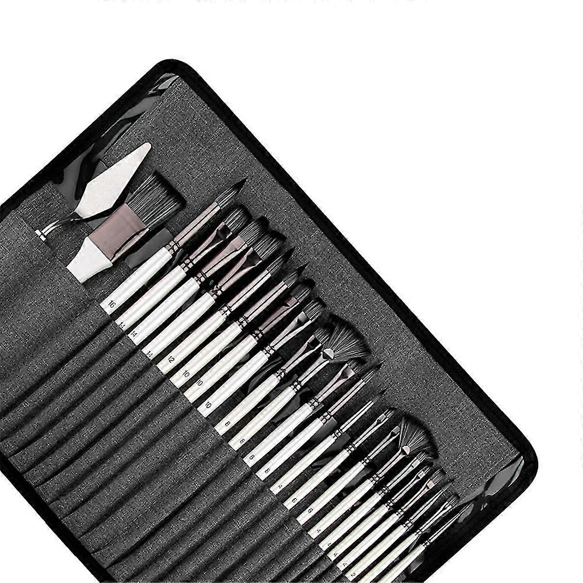 24pcs Nylon Brush Set With Cloth Roll And Palette Knife Is Suitable For Acrylic Oil Watercolor And Gouache.
