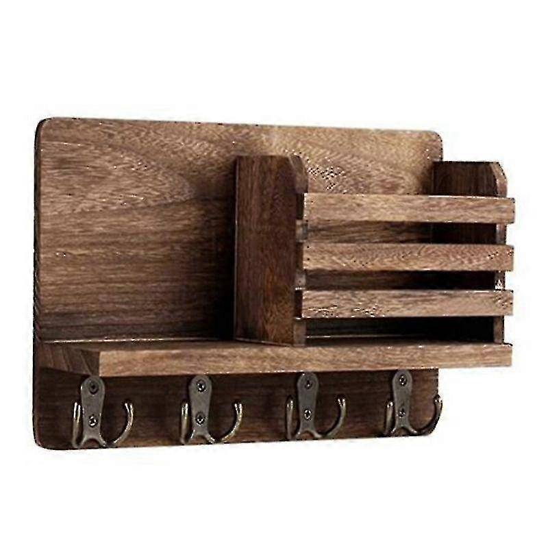 Entryway Mail Envelope Organizer With 4 Key Hooks Wall Mounted, Rustic Wood Mail Holder Shelf With