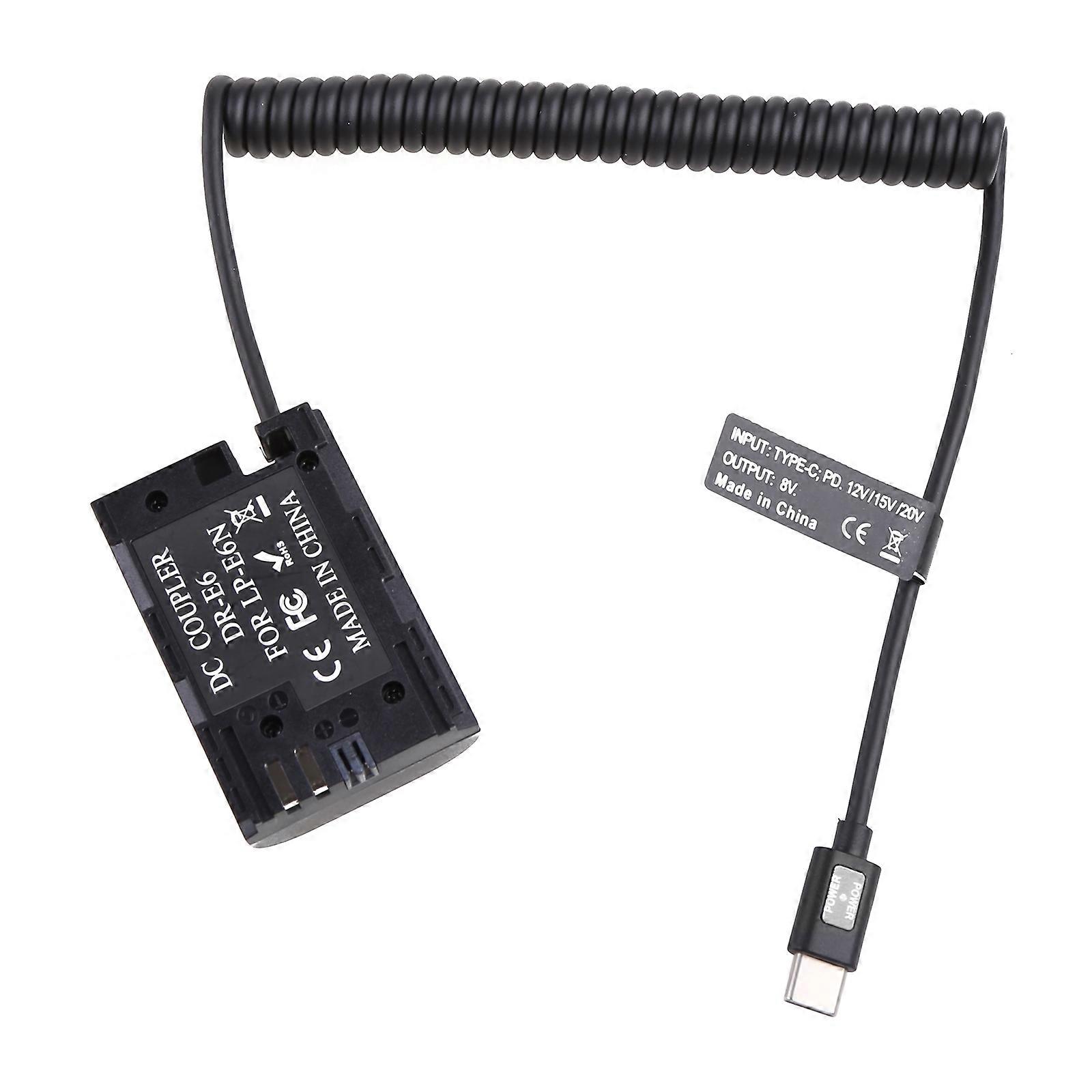LP-E6 Dummy Battery with USB Type-C Power Cable Support PD 9V / 12V Output for Cameras Monitors High-Elastic