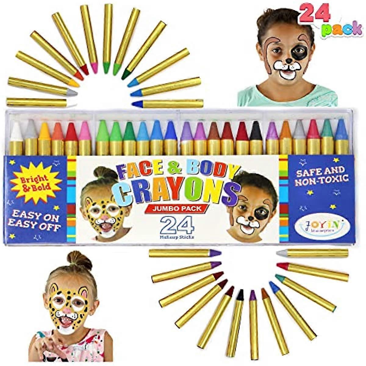 24 Colors Face Paint Safe & Non-Toxic Face and Body Crayons (Large Size 3 inch) Ultimate Party Pack Including 6 Metallic Colors for Birthday Toy Makeu