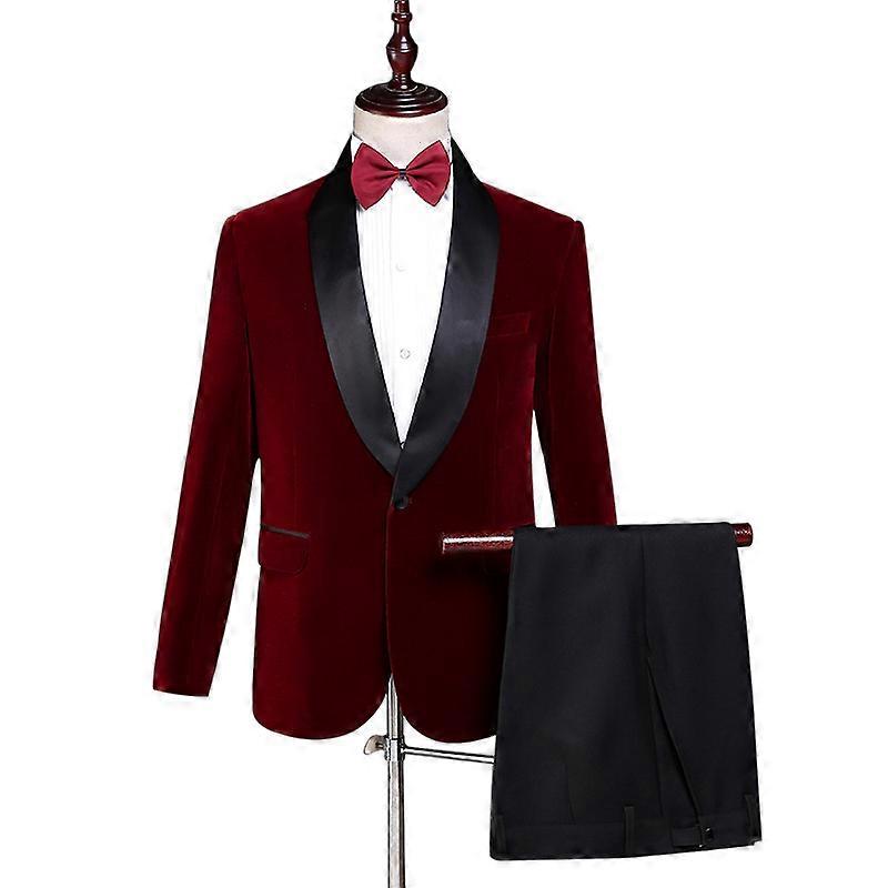 3Pcs Men's Velvet Suits Red Tuxedo Suit