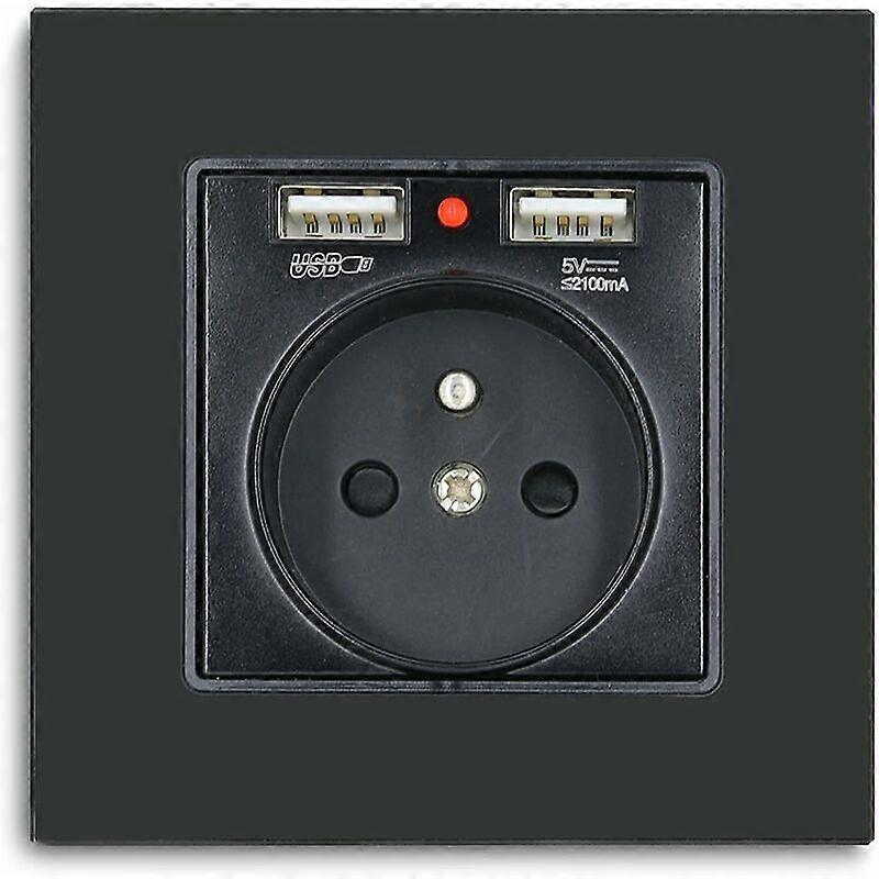 Wall Socket with 2xUSB - 16amp AC Single Outlet Crystal Glass Panel (Black 250V) - 1 pc