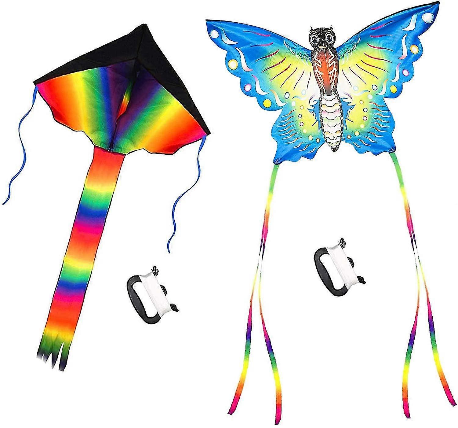 Pack Of 2 Kites Large Rainbow Delta Kite And Butterfly Kite, Beautiful Kites Compatible Kids And Adults, Easy Flyer Kite Compatible Beach Great Outdoo