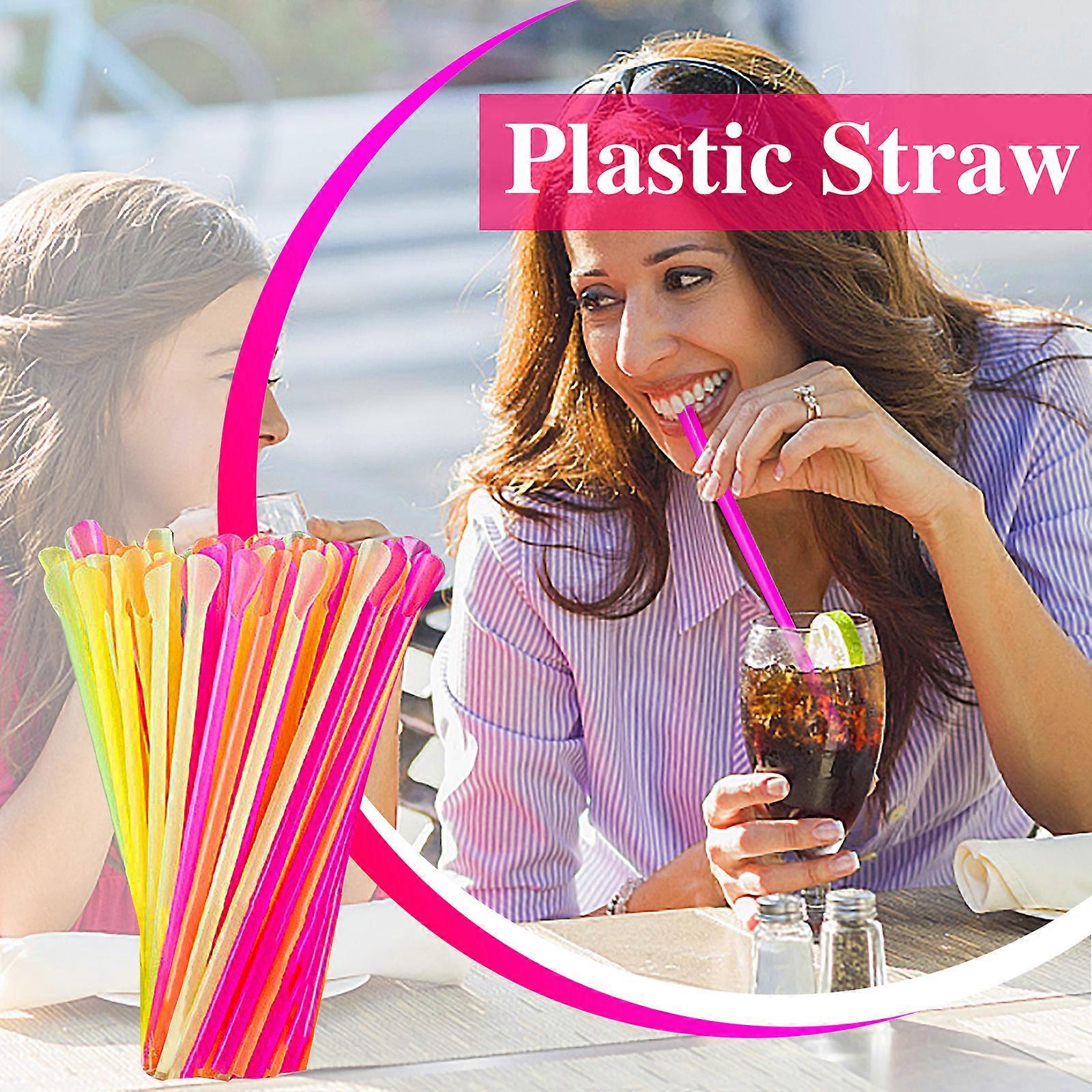 100PC Disposable Straws With Spoon Colored Plastic Smoothie Straws