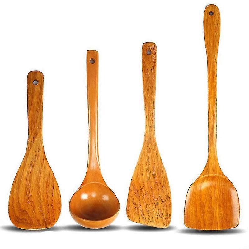 4st Trä Köksredskap Ingen Färg Non-Stick Kruka Massivt Trä Spade Set Ren Teak Massivt Trä Lång