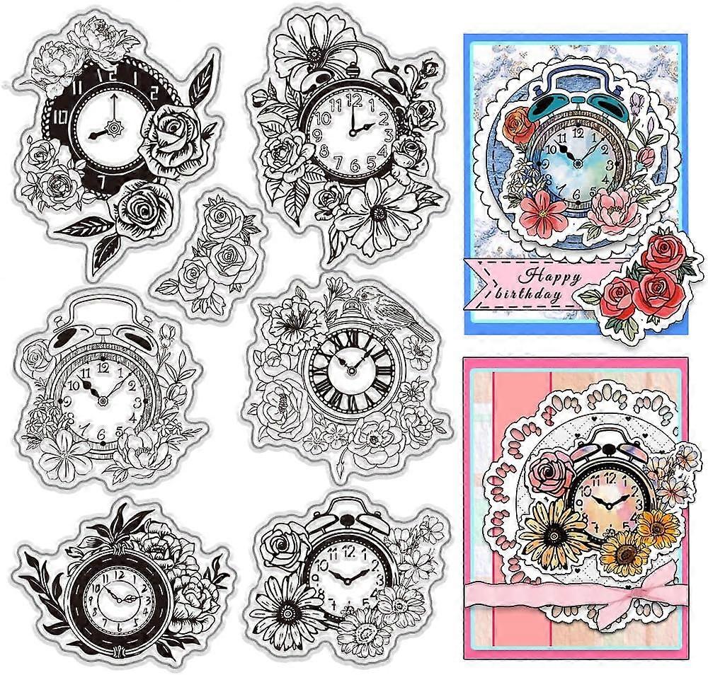 Flower Clock Clear Stamps Set 7pcs Vintage Retro Style Rubber Stamp Silicone Clear Stamps Reusable Transparent Clock Stamps for Card Making Journaling