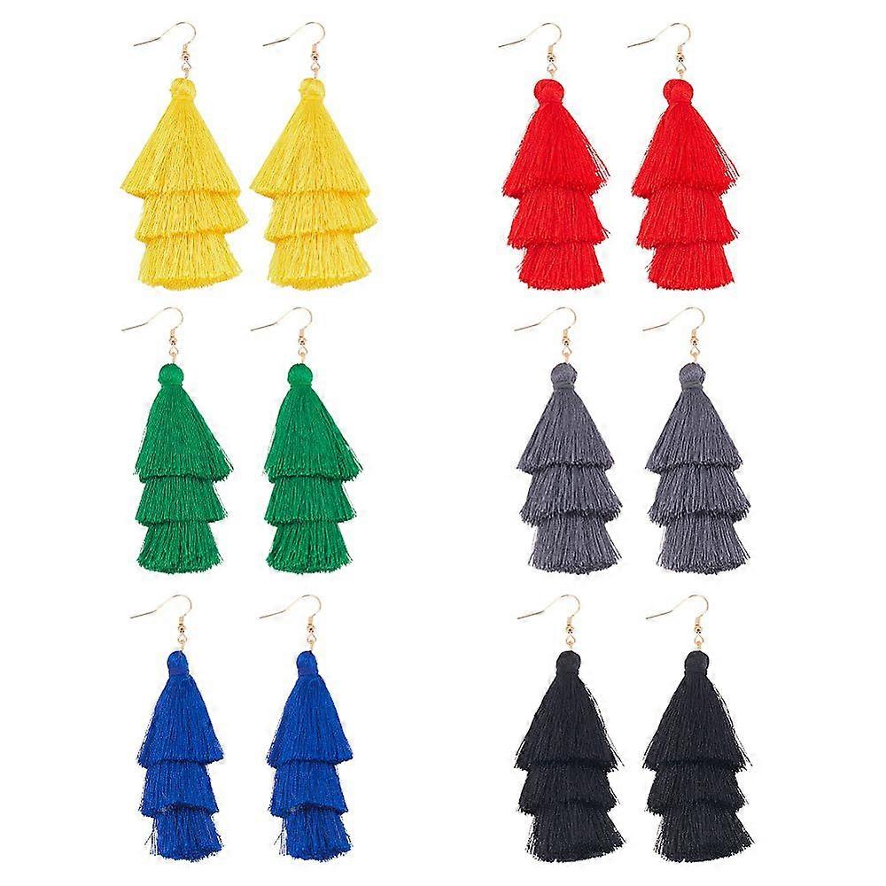 6 Pairs 6 Colors Bohemian Polyester Long Tassel Dangle Earrings with Iron Pins for Women Mixed Color 90~92mm 1 pair/color