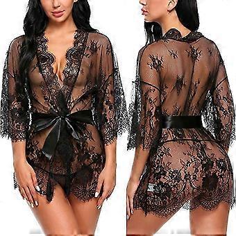 Damen Durchsichtiger Spitzen-Kimono-Bademantel Dessous Nachtwäsche Morgenmantel Nachtwäsche L Schwarz
