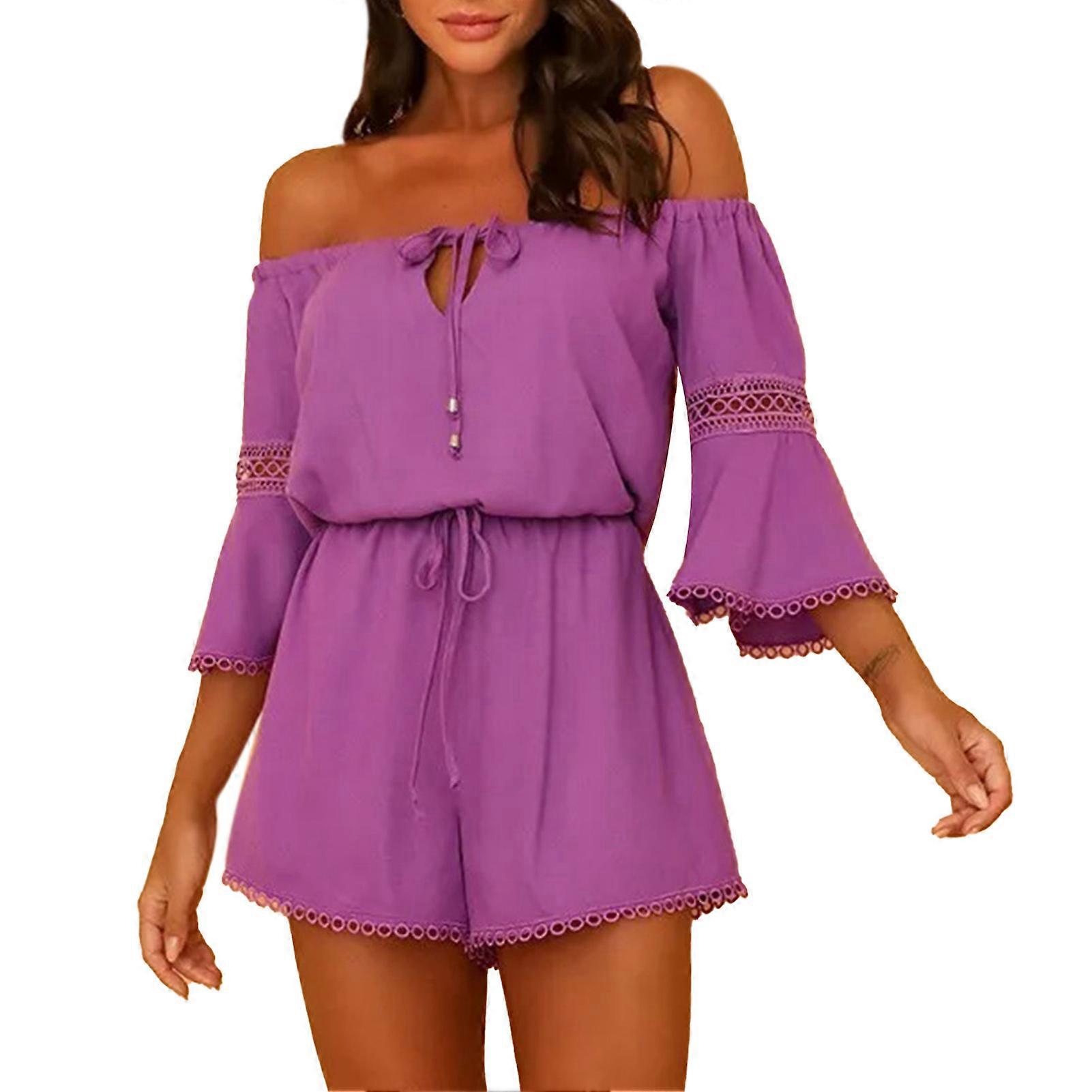 Femmes Lâche Cordon De Serrage Une Pièce Shorts Hors Épaule Taille Élastique Extensible Short Combishort Combinaison Violet L