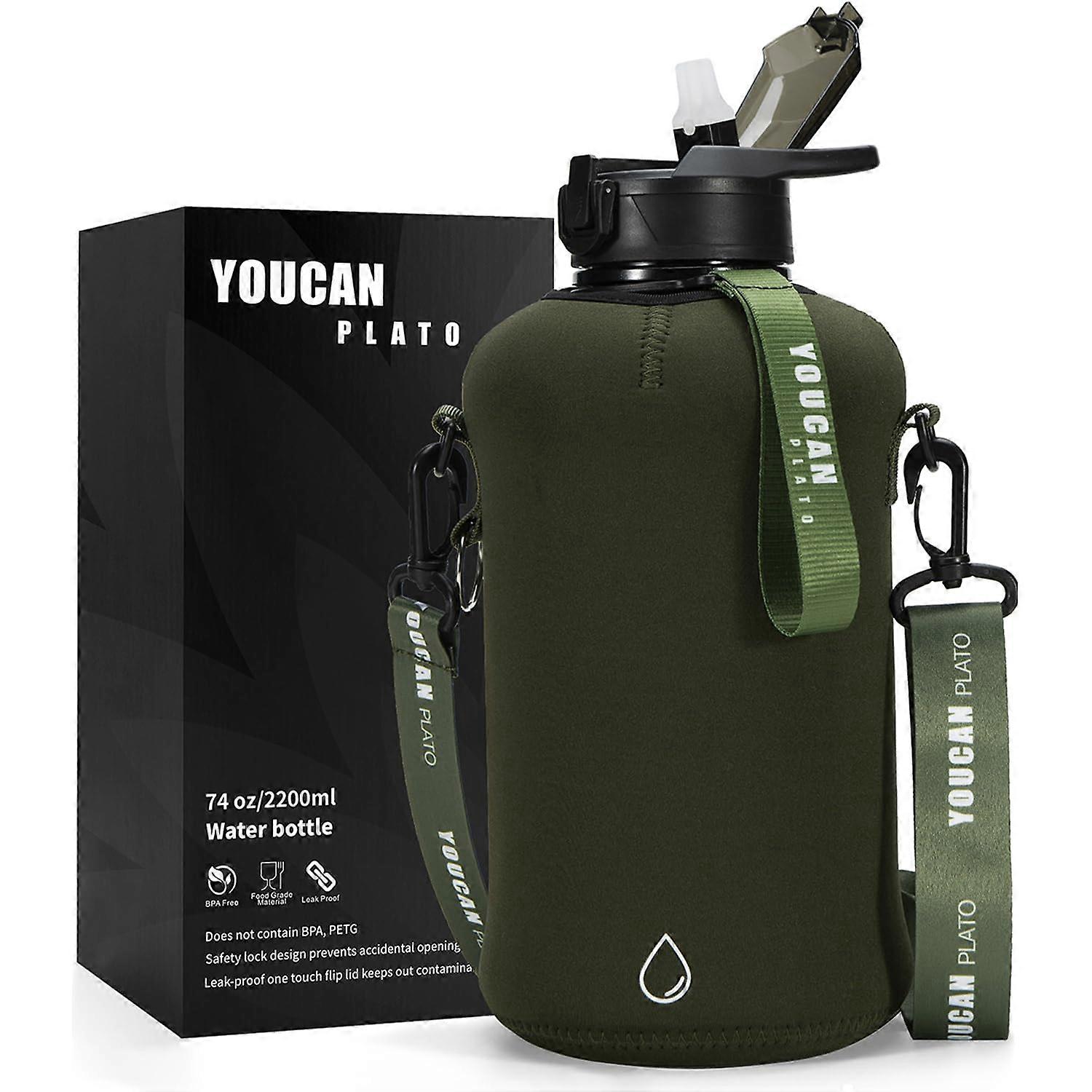 74 Oz Army Green Gym Water Bottle for Workout, BPA-Free Plastic, Leak-Proof Design, Ideal for Fitness and Hydration