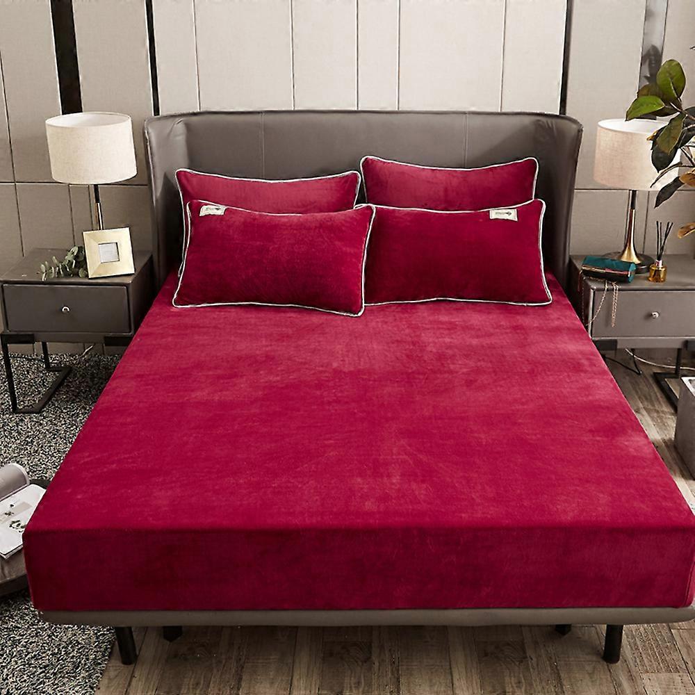 Winter Fitted Sheet 180x200x25cm Red Wine Red Plush Bed Sheet Fluffy Cashmere Touch Warm Fitted Sheet Suitable for 25cm Mattress, Flannel Wine Red