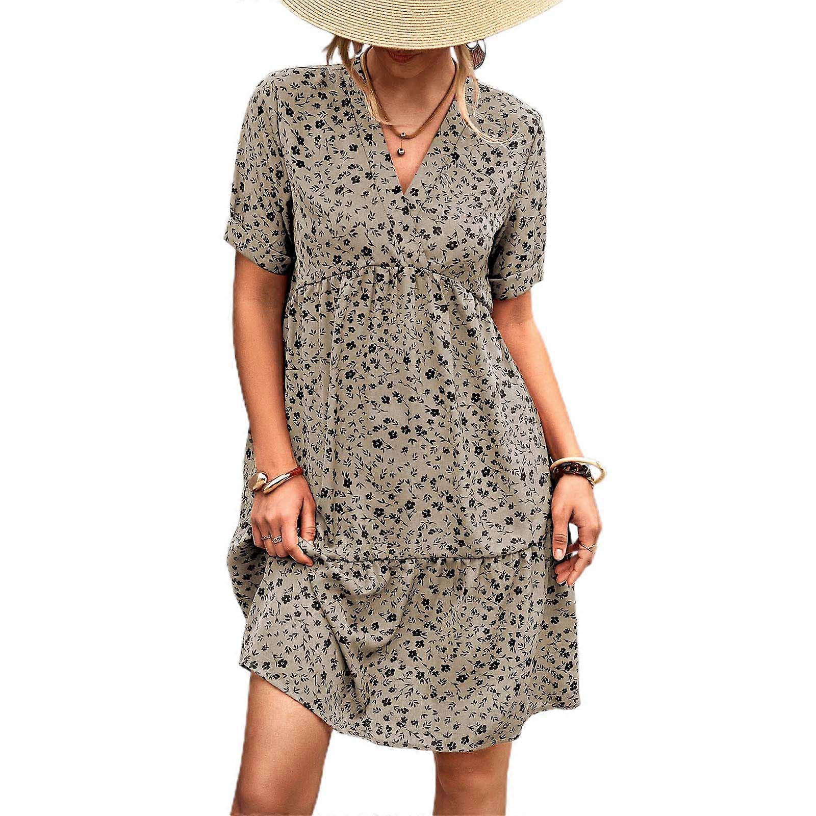 Womens Elegant Summer Bohemian Dress Casual V-Neck Floral Printed Dress  Swing Dress Short Sleeve Short Vacation Dresses apricot L | Fruugo NO
