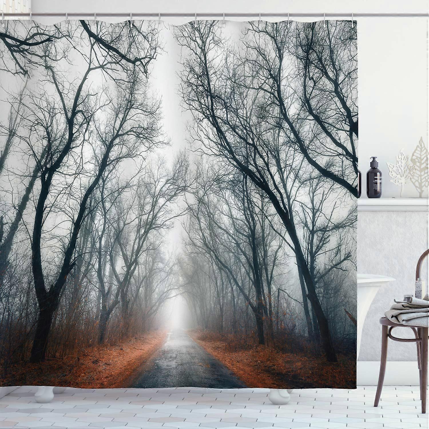 Mystic shower curtain, cloudy autumn towards the sky road trees, hook fabric bathroom decor set, 69 'G x 70' u