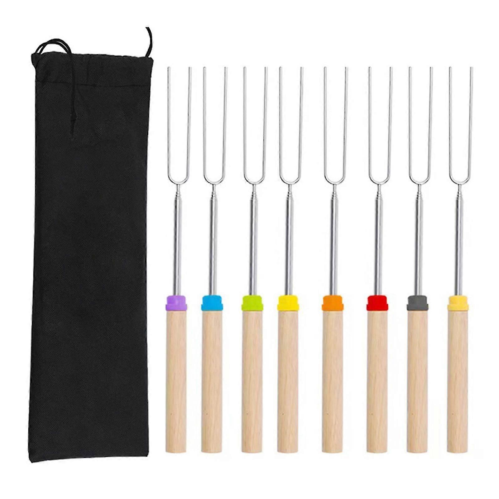 8Pcs Telescopic Barbecue Fork Stainless Steel U-shaped Double Skewers Smores Stick with Storage Bag Rust-proof BBQ Utensil for Hot
