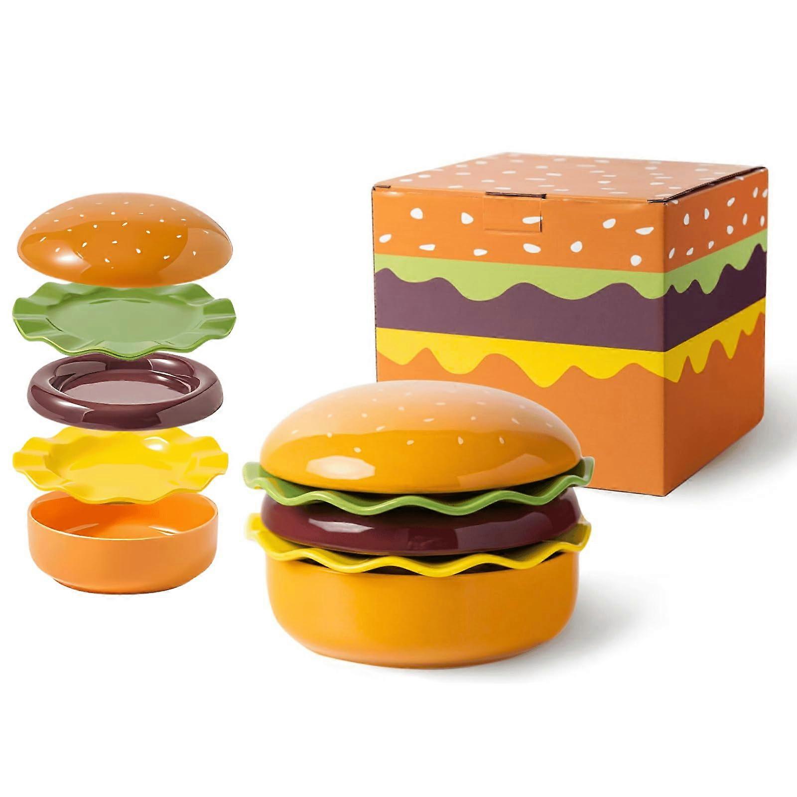 Ceramic Hamburger Plates and Bowls Sets 5-Piece Stackable Burger Dinnerware Set Hamburger Dinnerware Christmas Gift