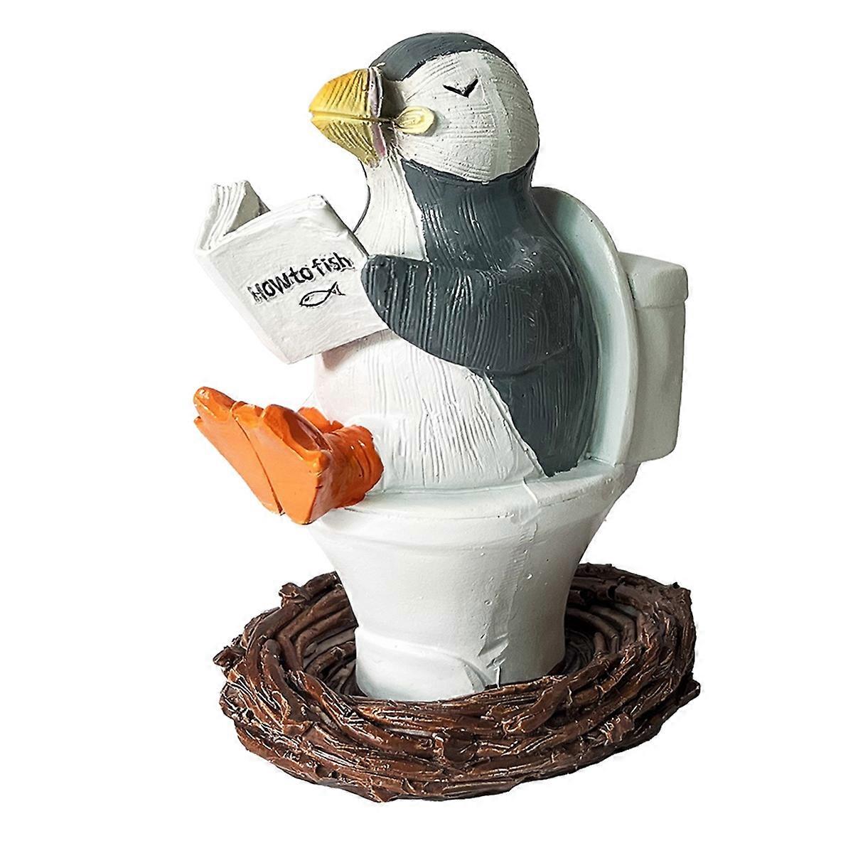 Whimsical Penguin on Toilet Reading Book Resin Figurine