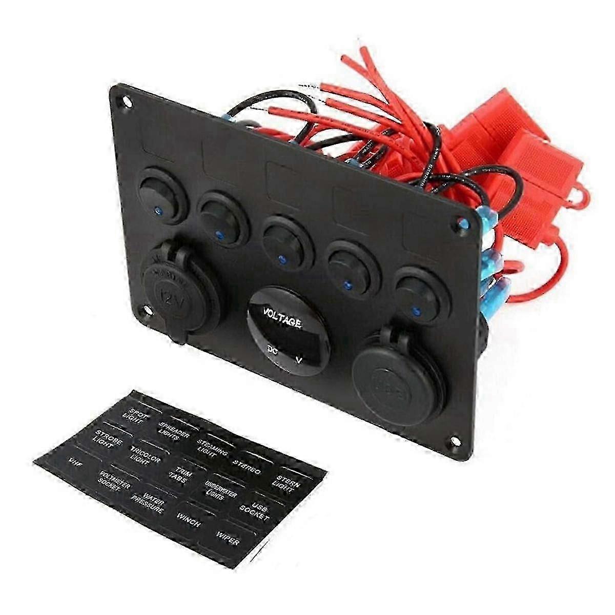 5 Gang Switch Panel, 12V/24V Inline Fuse Box LED Switch Panel Dual USB Socket Power Outlet LED Voltage