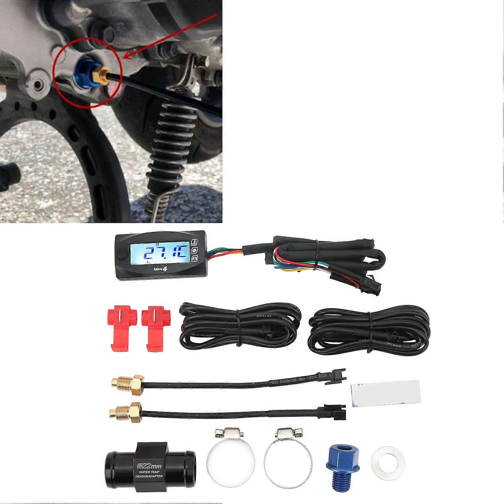 4 in 1 Water Oil Temperature Time Voltage Gauge LCD Digital Display DC12V Universal for Motorcycle M14x1.25 