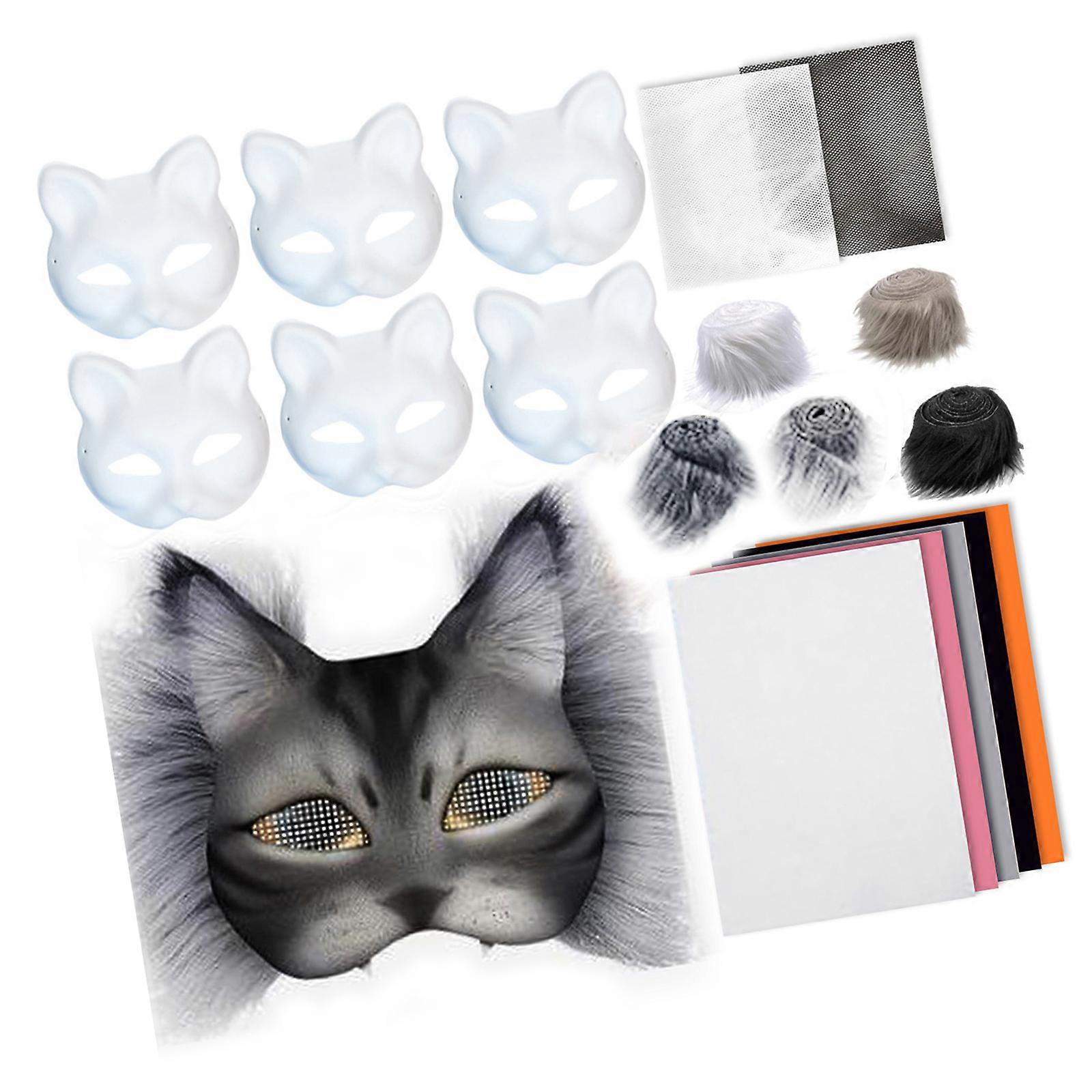 6Pcs Paintable Cats Face Mask with Furry Trim Net Cloth Adhesive Fabric Unpainted Masquerades Mask for Kid Adult Cosplay Multicolor