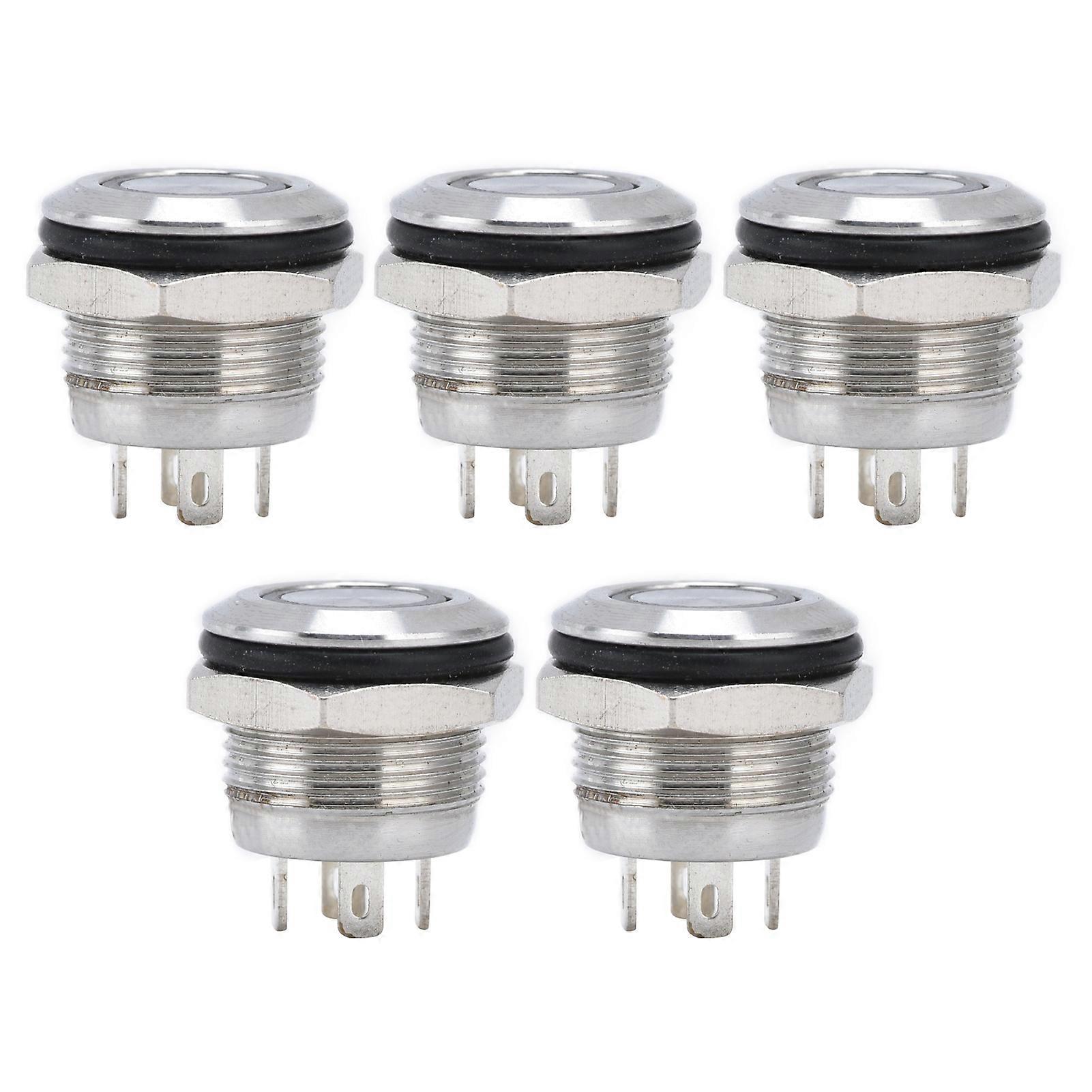 5Pcs Button Switch Stainless Steel Flat Top Button with LED Self Reset Power Accessories 12mmDC3‑6V Green