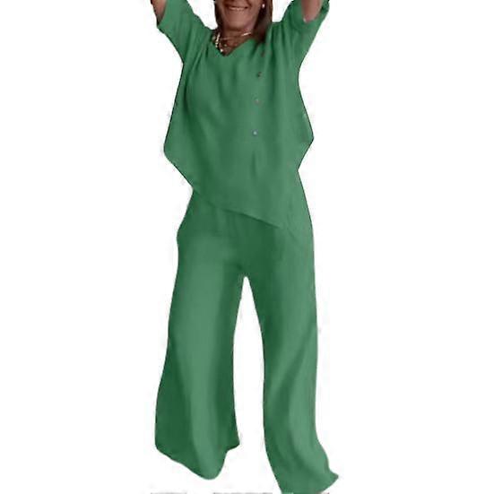 2 Pcs/Set Women Set Solid Color O Neck Short Bat Sleeve Top Pants Irregular Hem Top